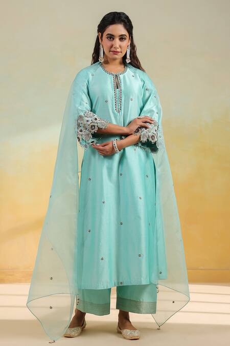 Buy_Label Niti Bothra_Blue Silk, Organza Embroidery Round Neck Light Rose Cut Scallop Kurta Set 