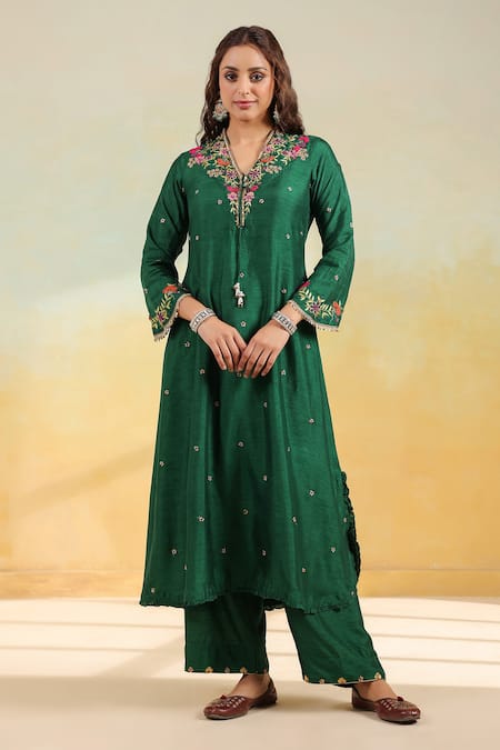 Shop_Label Niti Bothra_Green Silk Embroidery, Gota Patti, Pearls, Multicolor French Knot Kurta Set _Online_at_Aza_Fashions