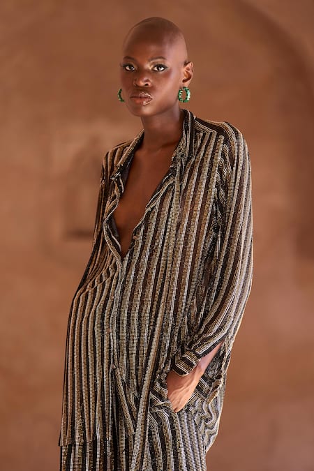 Itrh_Black Net Crystals Collared Embellished Pant Co-ord Set _Online_at_Aza_Fashions