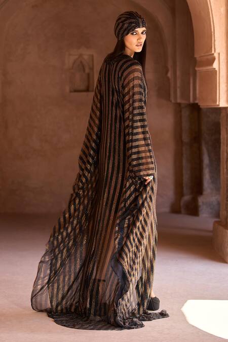 Itrh Black Net Stones, Crystals Plunge Neck And Gold Striped Kaftan Set Online at Aza Fashions Itrh_Black Net Stones, Crystals Plunge Neck And Gold Striped Kaftan Set _Online_at_Aza_Fashions