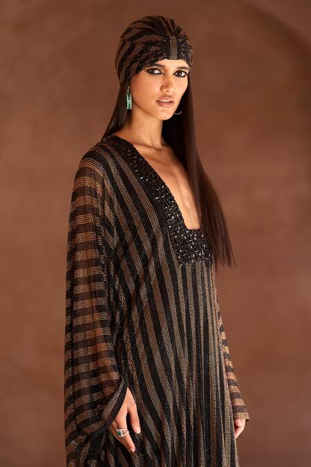 Buy Itrh Black Net Stones, Crystals Plunge Neck And Gold Striped Kaftan Set Online at Aza Fashions Buy_Itrh_Black Net Stones, Crystals Plunge Neck And Gold Striped Kaftan Set _Online_at_Aza_Fashions