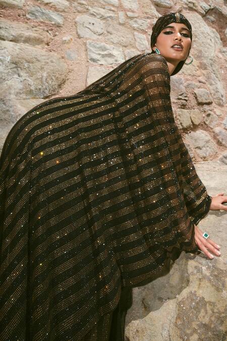 Shop Itrh Black Net Stones, Crystals Plunge Neck And Gold Striped Kaftan Set Online at Aza Fashions Shop_Itrh_Black Net Stones, Crystals Plunge Neck And Gold Striped Kaftan Set _Online_at_Aza_Fashions