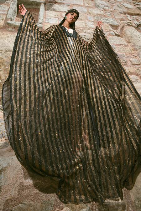 Itrh Black Net Stones, Crystals Plunge Neck And Gold Striped Kaftan Set at Aza Fashions Itrh_Black Net Stones, Crystals Plunge Neck And Gold Striped Kaftan Set _at_Aza_Fashions