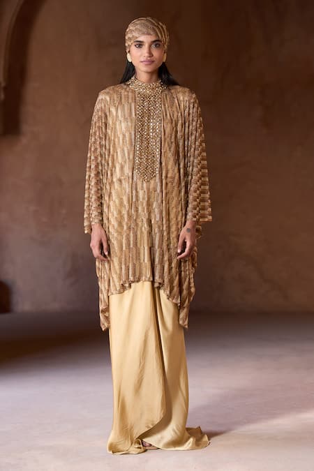 Itrh Gold Net, Satin Stones High Neck Crystal Embellished Tunic And Skirt Set Online at Aza Fashions Itrh_Gold Net, Satin Stones High Neck Crystal Embellished Tunic And Skirt Set _Online_at_Aza_Fashions