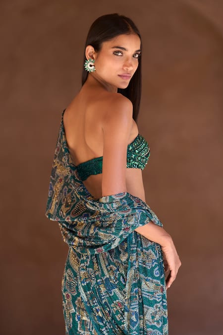 Itrh Figurine Print Draped Saree Set 