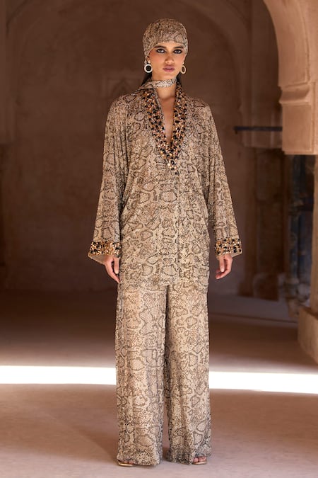 Itrh_Gold Net Crystals, Stones V-neck Embellished Snake Print Tunic Set _Online_at_Aza_Fashions