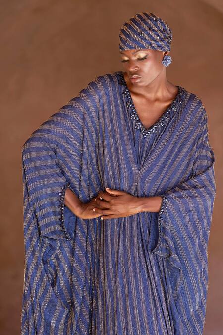 Itrh_Blue Net Embroidery, Crystals Round Neck Crystal-embellished Kaftan Set _Online_at_Aza_Fashions