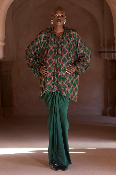 Itrh Crystal Embellished Tunic & Draped Skirt Set 