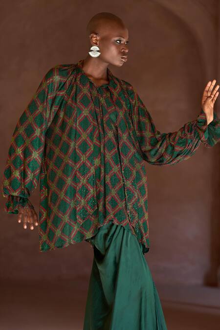 Itrh Green Net, Satin Crystals Open Neck Embellished Tunic And Draped Skirt Set Online at Aza Fashions Itrh_Green Net, Satin Crystals Open Neck Embellished Tunic And Draped Skirt Set _Online_at_Aza_Fashions