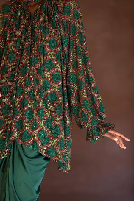 Itrh Green Net, Satin Crystals Open Neck Embellished Tunic And Draped Skirt Set at Aza Fashions Itrh_Green Net, Satin Crystals Open Neck Embellished Tunic And Draped Skirt Set _at_Aza_Fashions