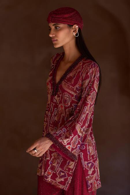 Itrh_Maroon Net Crystals, Embroidery V-neck Embellished Tunic And Pant Set _Online_at_Aza_Fashions