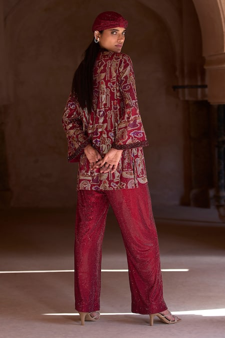 Itrh Maroon Crystal Embellished Tunic & Pant Set 
