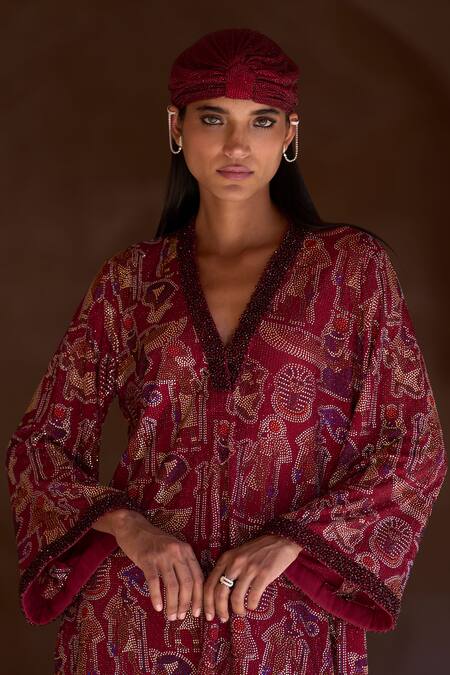 Buy_Itrh_Maroon Net Crystals, Embroidery V-neck Embellished Tunic And Pant Set _Online_at_Aza_Fashions