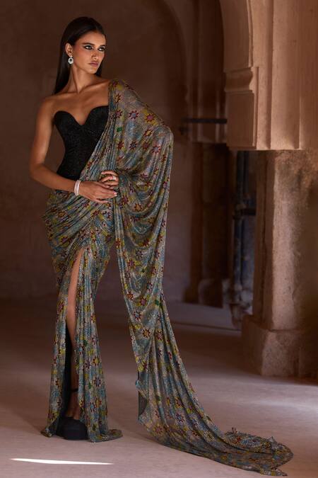 Itrh_Black Net Crystals Sweetheart Neck Sana Draped Saree Skirt With Corset _Online_at_Aza_Fashions