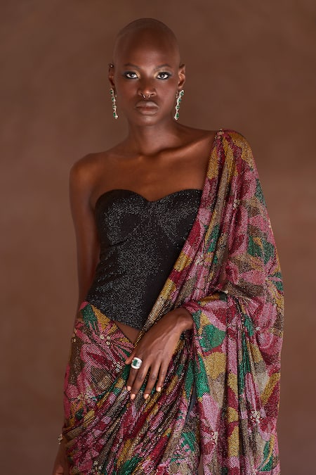 Buy_Itrh_Black Net Crystals Sweetheart Neck Yasmeen Draped Saree Skirt With Corset _Online_at_Aza_Fashions