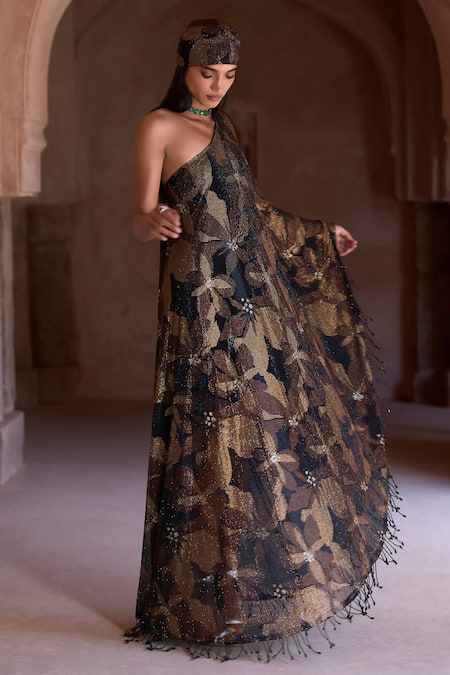 Itrh_Multi Color Net Crystals Asymmetric Floral One-shoulder Kaftan Dress And Headgear _Online_at_Aza_Fashions