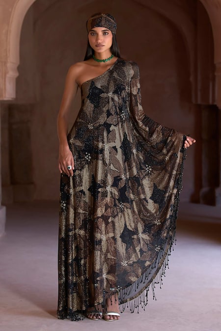 Itrh Floral One-Shoulder Kaftan Dress & Headgear 