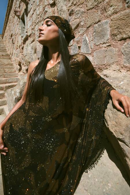 Buy_Itrh_Multi Color Net Crystals Asymmetric Floral One-shoulder Kaftan Dress And Headgear _Online_at_Aza_Fashions