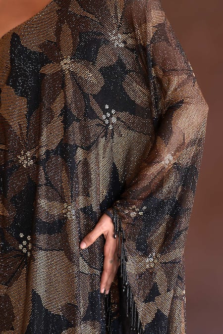 Shop_Itrh_Multi Color Net Crystals Asymmetric Floral One-shoulder Kaftan Dress And Headgear _Online_at_Aza_Fashions