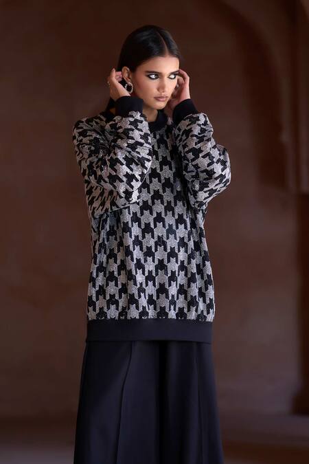 Itrh_Black Roma Sequins Crew Neck Houndstooth Oversized Sweatshirt And Pant Set _Online_at_Aza_Fashions