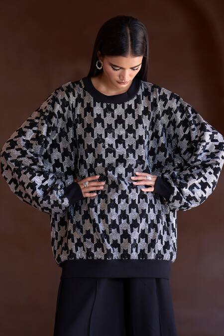 Shop_Itrh_Black Roma Sequins Crew Neck Houndstooth Oversized Sweatshirt And Pant Set _Online_at_Aza_Fashions