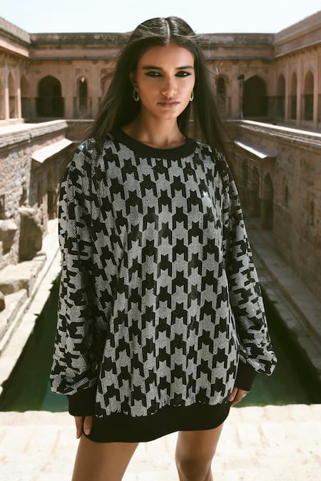 Itrh Houndstooth Pattern Oversized Sweatshirt Dress 