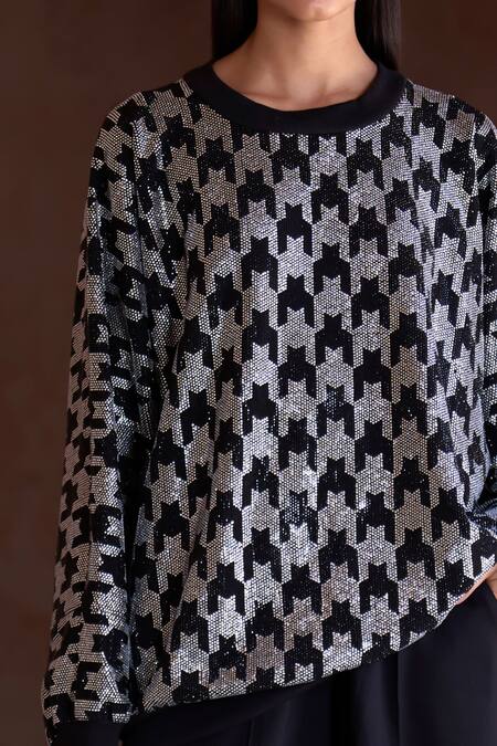 Buy_Itrh_Black Roma Crystals Crew Neck Houndstooth Pattern Oversized Sweatshirt Dress _Online_at_Aza_Fashions