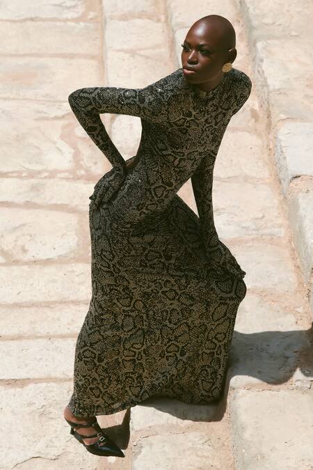 Shop_Itrh_Black Lycra, Net High Neck Serpentina Snake Print Gown _Online_at_Aza_Fashions