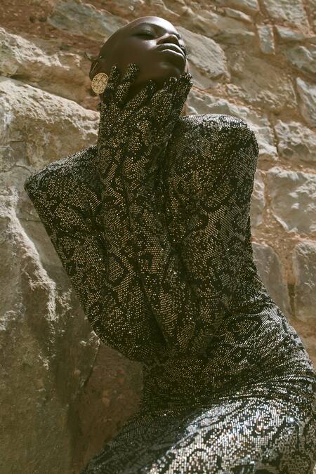 Itrh_Black Lycra, Net High Neck Serpentina Snake Print Gown _at_Aza_Fashions