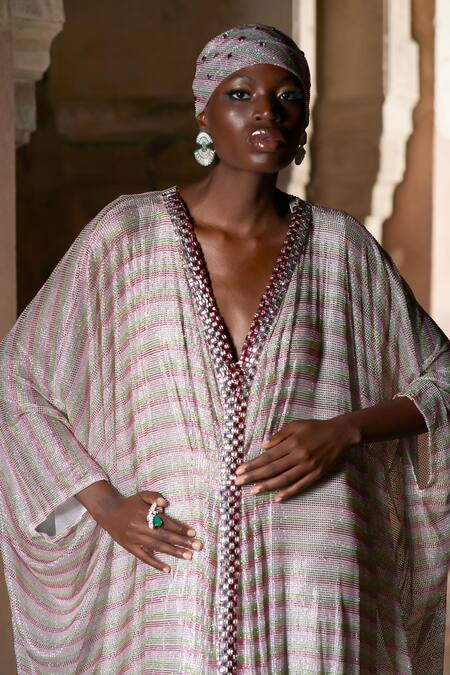 Itrh_Pink Net, Viscose, Crepe Crystals V-neck Embellished Kaftan With Headgear _Online_at_Aza_Fashions