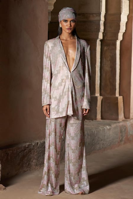 Itrh Crystal-Embellished Pink Blazer & Pant Set 