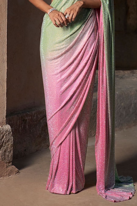 Itrh_Pink Net Crystals, Stones Sweetheart Neck Ombre Crystal-embellished Saree Set _Online_at_Aza_Fashions