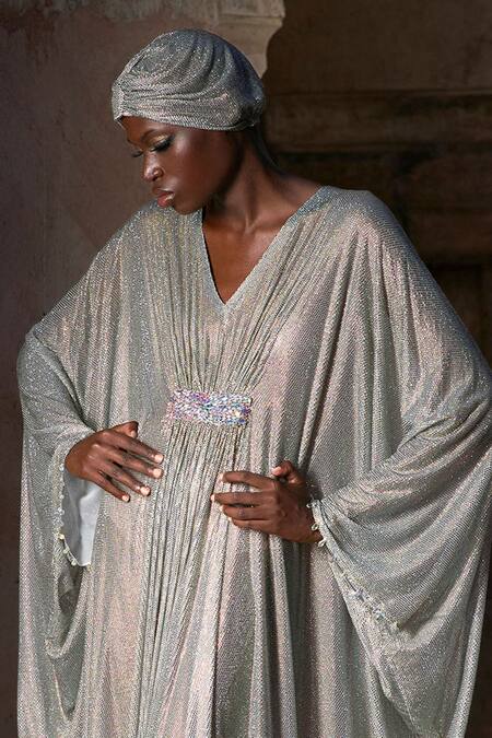 Itrh_Silver Net Crystals V-neck Zaynab Kaftan With Headgear _Online_at_Aza_Fashions