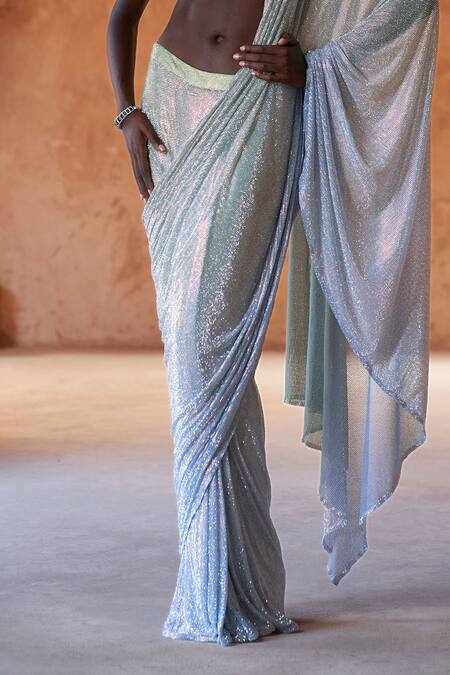 Itrh_Mint Net Stones Round Neck Ombre Crystal Embellished Saree And Blouse _Online_at_Aza_Fashions