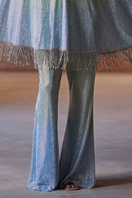 Itrh_Blue Net Crystals V-neck Ombre Embellished Tunic And Pant Set _Online_at_Aza_Fashions