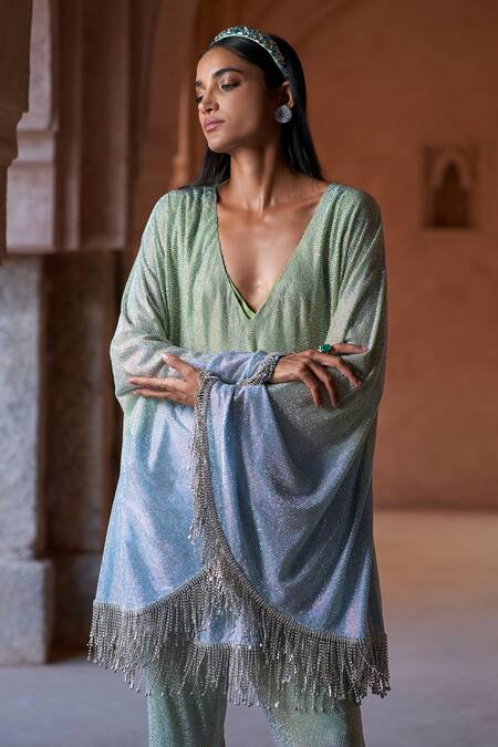 Buy_Itrh_Blue Net Crystals V-neck Ombre Embellished Tunic And Pant Set _Online_at_Aza_Fashions