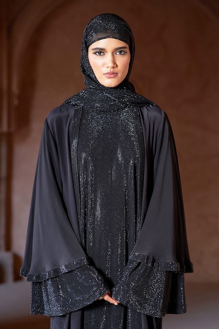 Itrh Crystal Embellished Black Abaya Set 