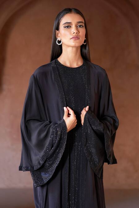 Itrh_Black Net, Georgette Crystals Round Neck Zafirah Embellished Abaya Set _Online_at_Aza_Fashions