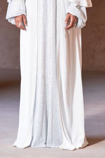 Itrh_White Net, Georgette Crystals Round Neck, Open Silver Embellished Abaya Set _Online_at_Aza_Fashions