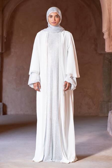 Buy_Itrh_White Net, Georgette Crystals Round Neck, Open Silver Embellished Abaya Set _Online_at_Aza_Fashions