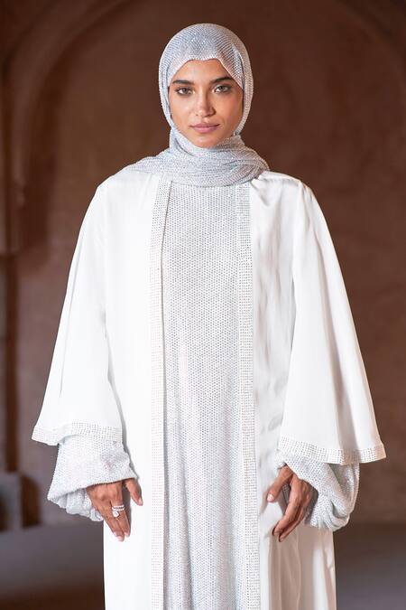 Shop_Itrh_White Net, Georgette Crystals Round Neck, Open Silver Embellished Abaya Set _Online_at_Aza_Fashions