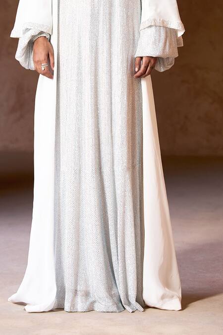 Itrh White Net, Georgette Crystals Round , Open Silver Abaya Set Online at Aza Fashions Itrh_White Net, Georgette Crystals Round , Open Silver Abaya Set _Online_at_Aza_Fashions