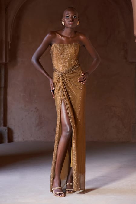 Itrh Crystal Embellished Gold Gown 