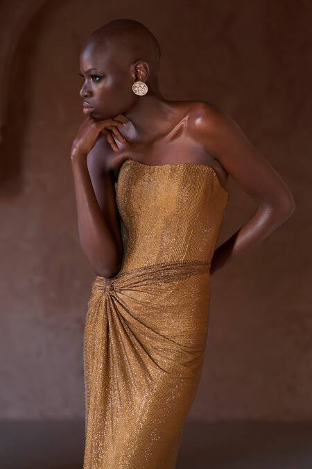 Itrh_Gold Net Crystals Off-shoulder Embellished Gown _Online_at_Aza_Fashions