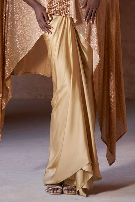 Itrh_Gold Net, Satin V-neck Ombre Draped Tunic Skirt Set _Online_at_Aza_Fashions