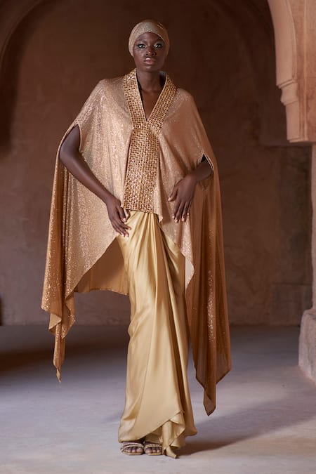 Itrh Gold Net, Satin V-neck Ombre Draped Tunic Skirt Set