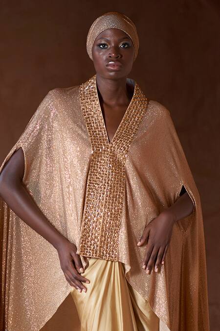 Buy_Itrh_Gold Net, Satin V-neck Ombre Draped Tunic Skirt Set _Online_at_Aza_Fashions
