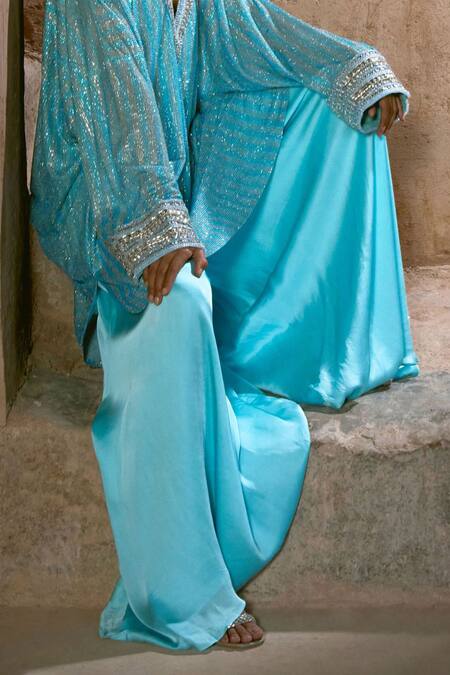 Itrh Blue Net, Satin Stones V-neck Ice Striped Tunic And Skirt Set Online at Aza Fashions Itrh_Blue Net, Satin Stones V-neck Ice Striped Tunic And Skirt Set _Online_at_Aza_Fashions