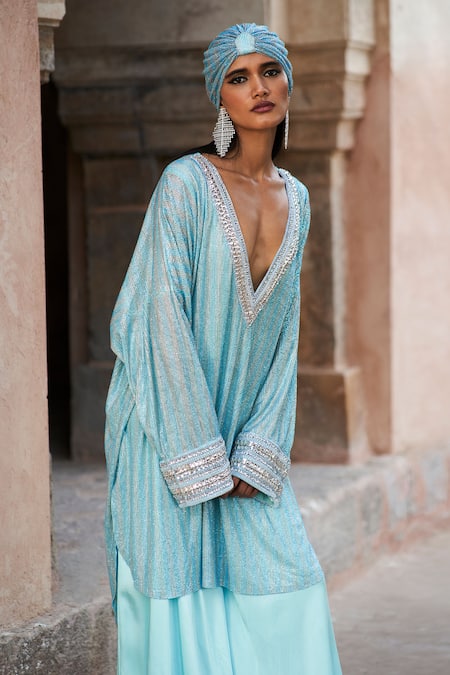 Buy Itrh Blue Net, Satin Stones V-neck Ice Striped Tunic And Skirt Set Online at Aza Fashions Buy_Itrh_Blue Net, Satin Stones V-neck Ice Striped Tunic And Skirt Set _Online_at_Aza_Fashions