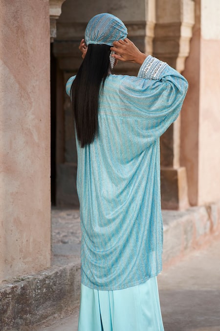 Itrh Ice Blue Striped Tunic & Satin Skirt Set 